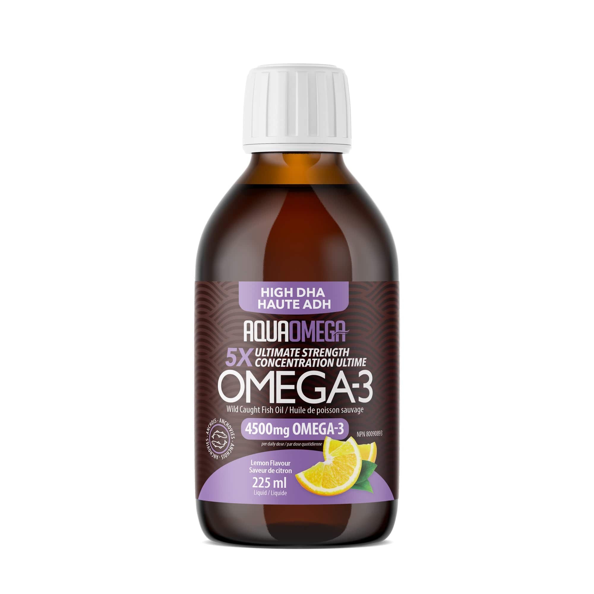 AQUA OMEGA Suppléments Omega-3 4500mg haute ADH (citron) 225ml