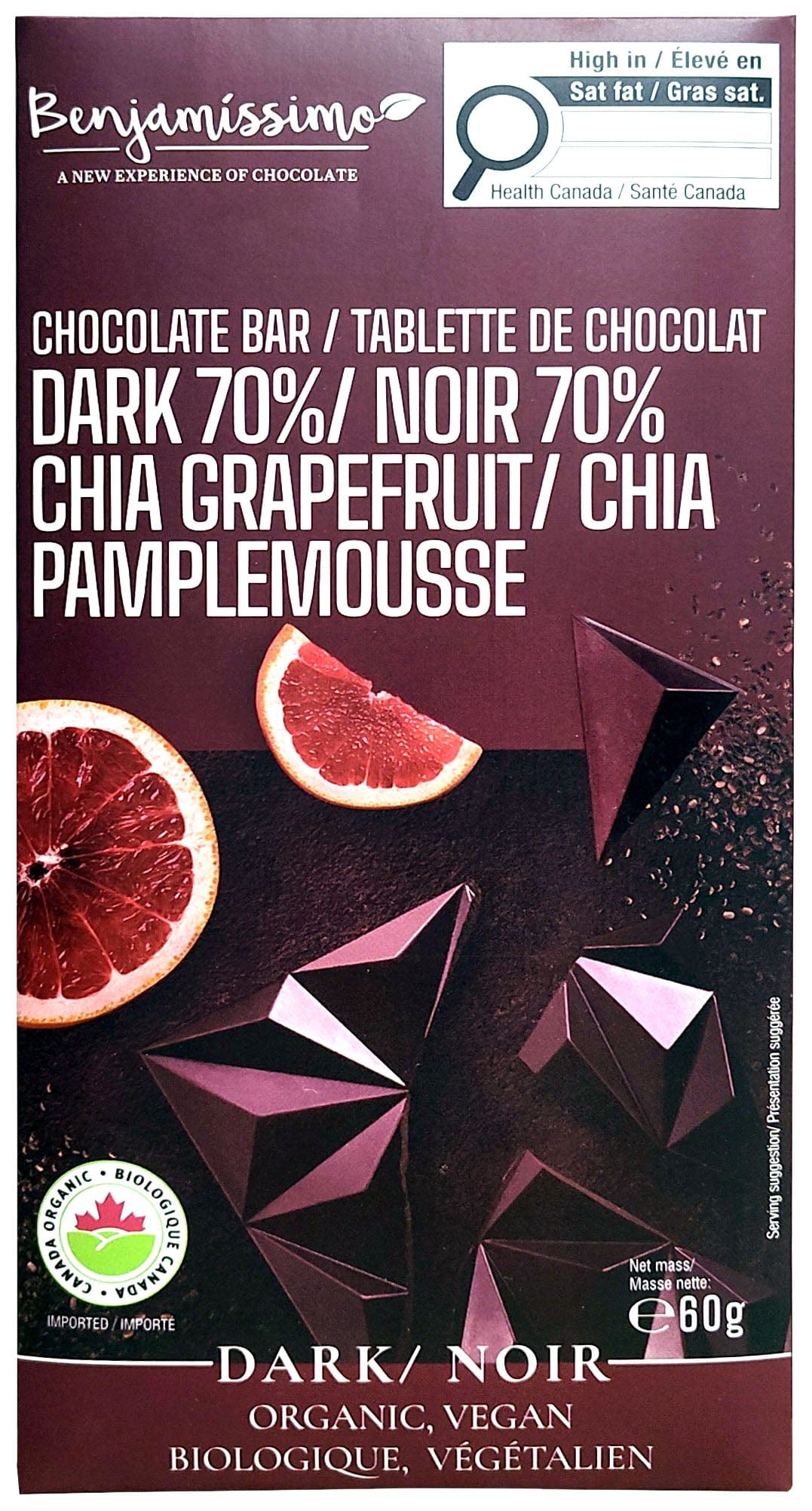BENJAMISSIMO Épicerie Chocolat aux pamplemousses et chia bio 60g