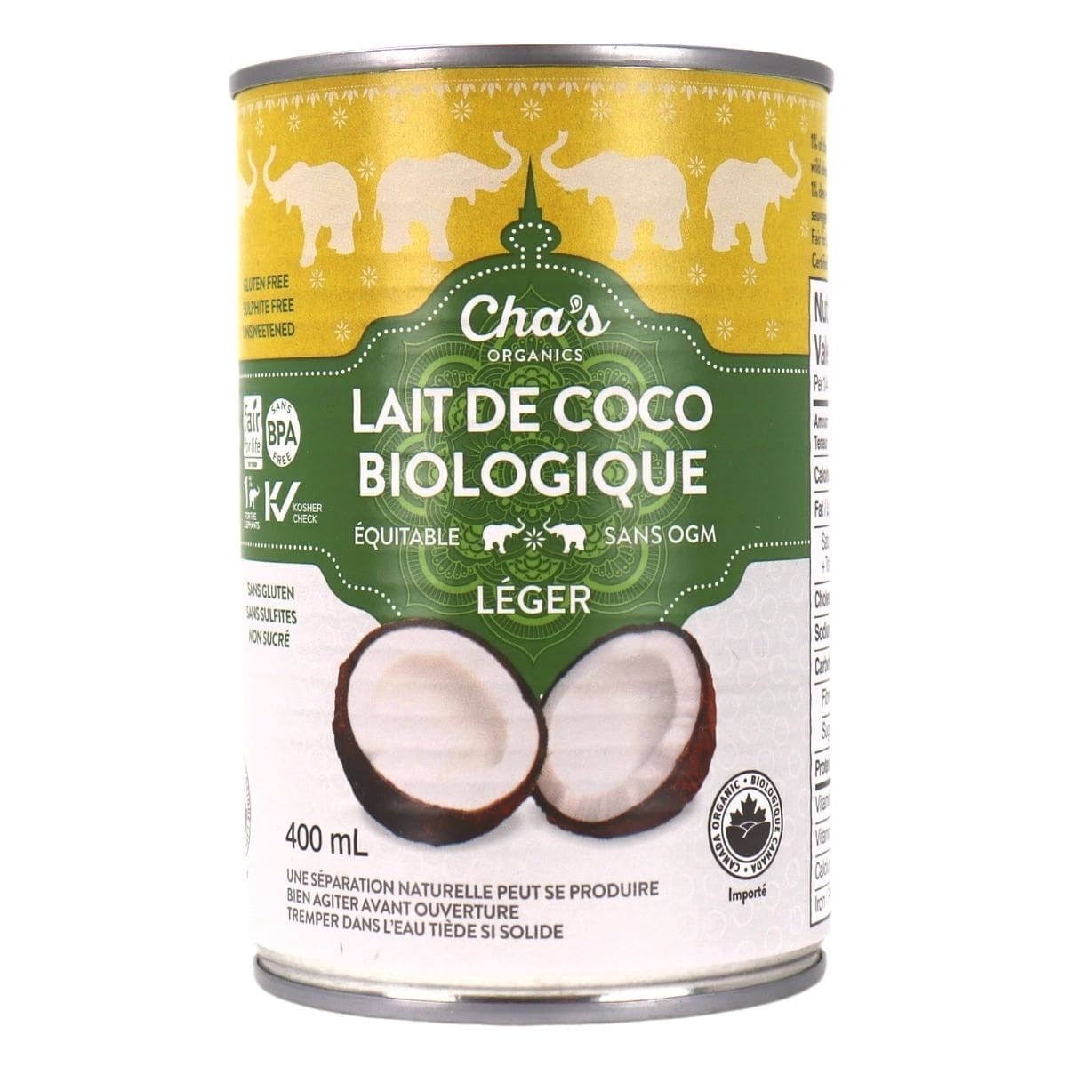 CHA'S ORGANIC Épicerie Lait de coco léger bio 400ml