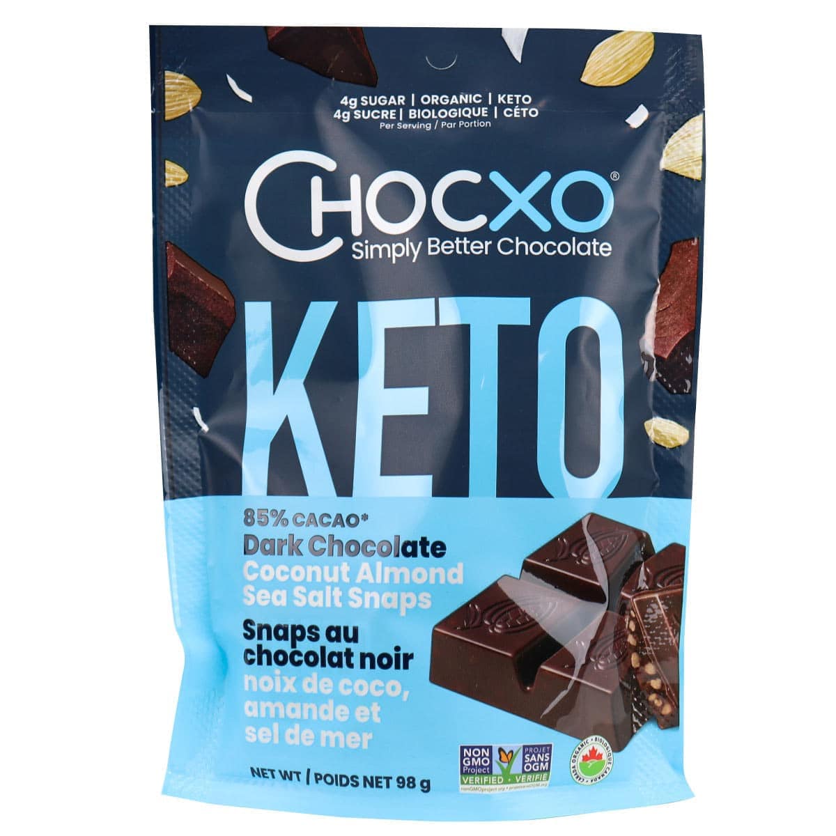 CHOCXO Épicerie Snaps au chocolat noir, noix de coco, amandes et sel de mer bio 98g