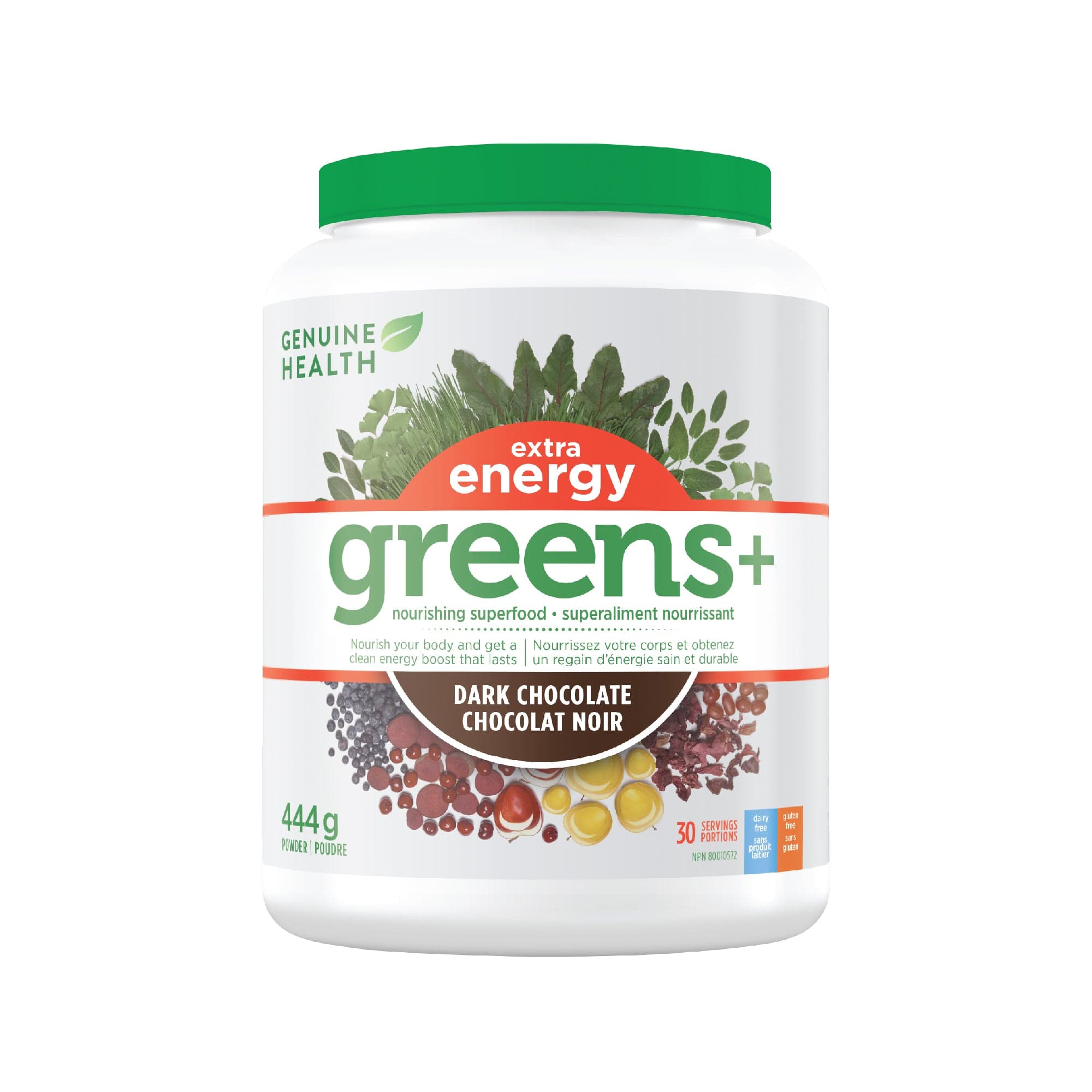 GENUINE HEALTH Suppléments Green + extra energy (chocolat noir) 444g
DATE DE PÉREMPTION : 31 OCTOBRE 2025