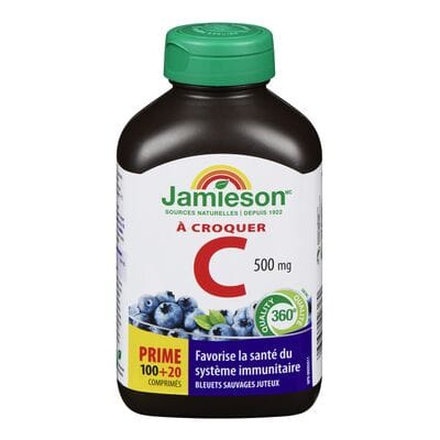 JAMIESON Suppléments Vitamine C croquable (500mg) (bleuet) Bonus 100+20comp