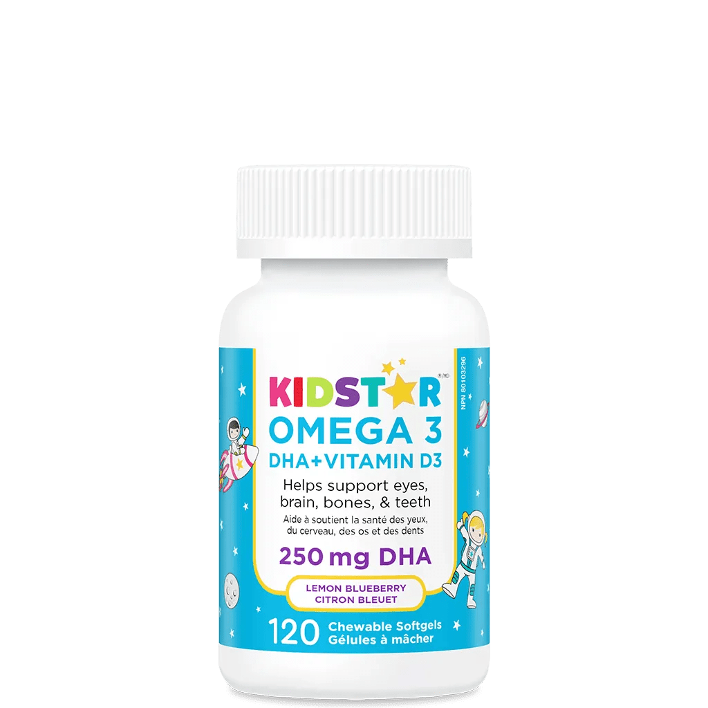 KIDSTAR NUTRIENTS Suppléments Omega 3 250mg DHA+ vitamine D3 (citron/bleuet) 120gels