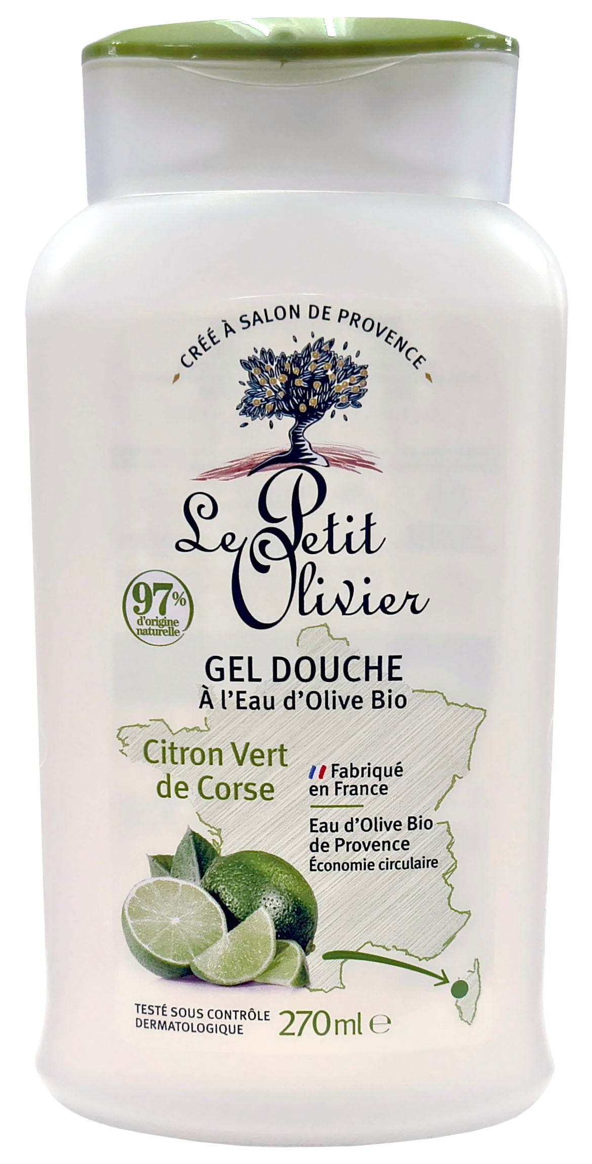 LE PETIT OLIVIER Soins & beauté Gel douche à l'eau d'olive bio citron vert de Corse 270ml