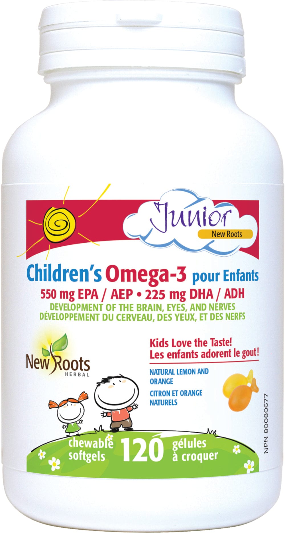 NEW ROOTS HERBAL Suppléments Omega-3 (enfant 550mg) (arôme citron à croquer) (1 à 18 ans) 120gel