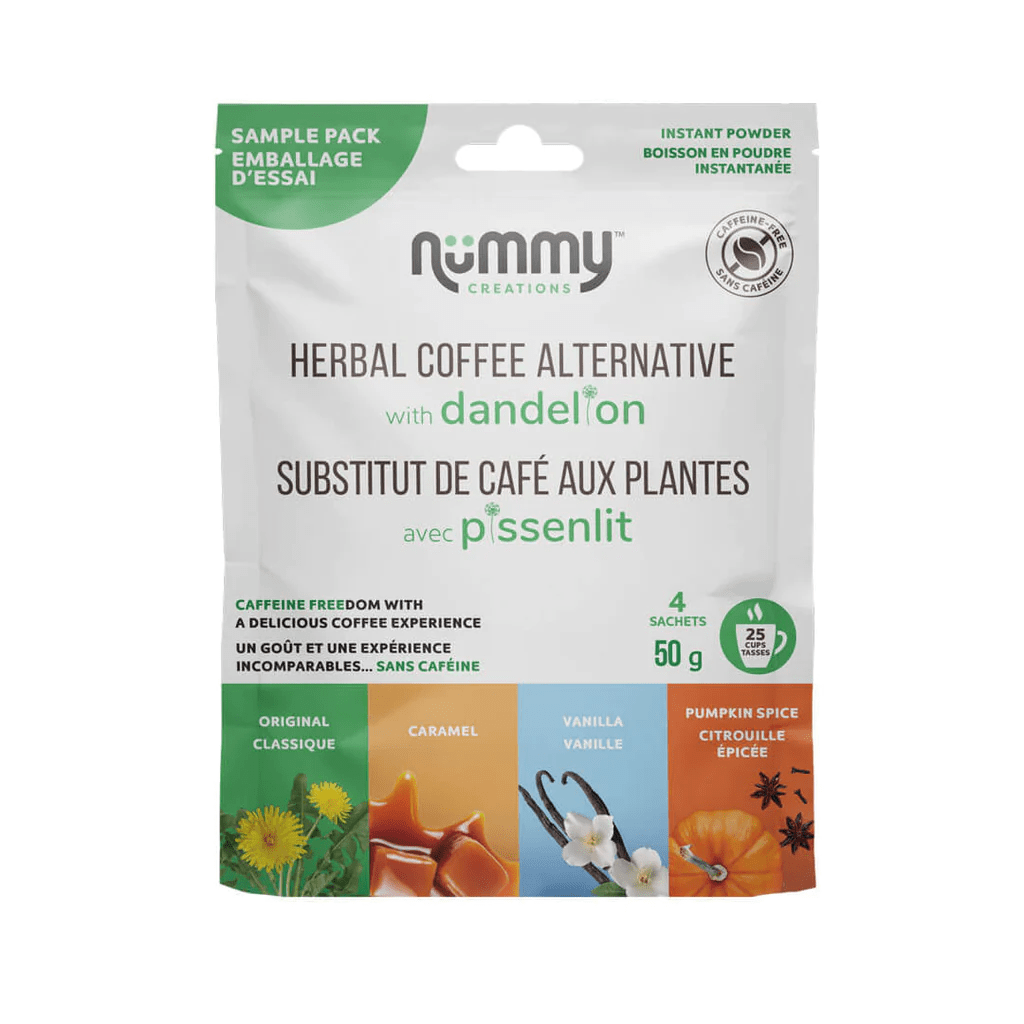 NUMMY CREATIONS Épicerie Substitut de café instantané aux plantes avec pissenllit saveur : Original, caramel,vanille et citrouille épicée 4x12,5g