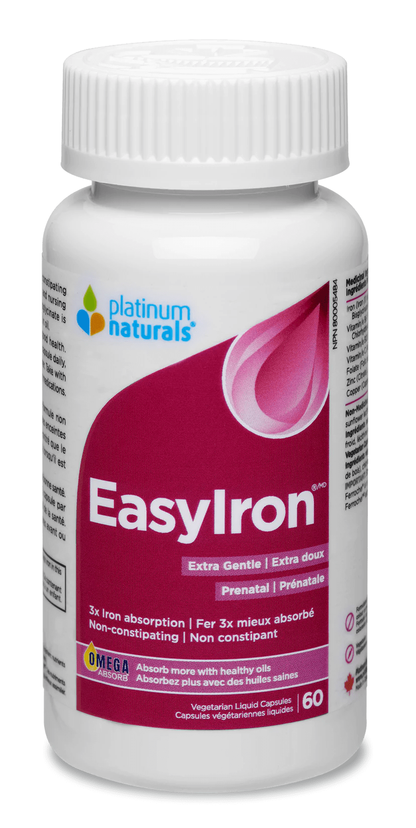PLATINUM Suppléments EasyIron prénatal (non constipant) 60caps