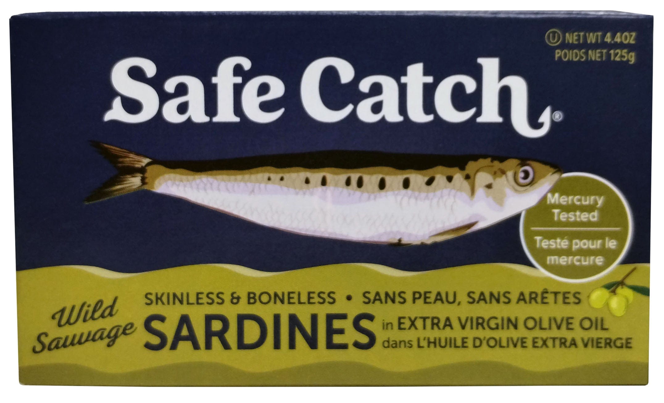 SAFE AND CATCH Épicerie Sardines sauvages sans peau, sans arêtes dans l'huile d'olive extra vierge 125g