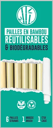 Pailles en bambou réutilisables et biodégradables (6 pailles, 1 brosse, 1 étui)