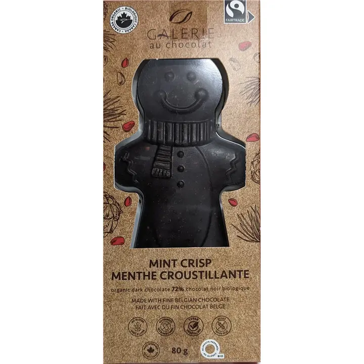 Chocolat 72% bonhomme de neige à la menthe croustillante 80g