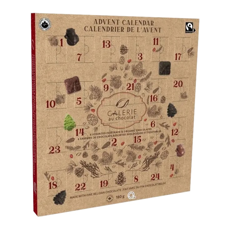 Calendrier de l'avent bio 24un ( nuit noire 72%, fleur de sel, espresso, sucre d'érable, riz croustillant, thé vert matcha)