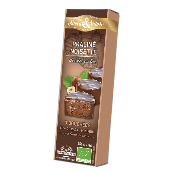 Chocolate praline and hazelnut bites in organic milk chocolate 3x15g