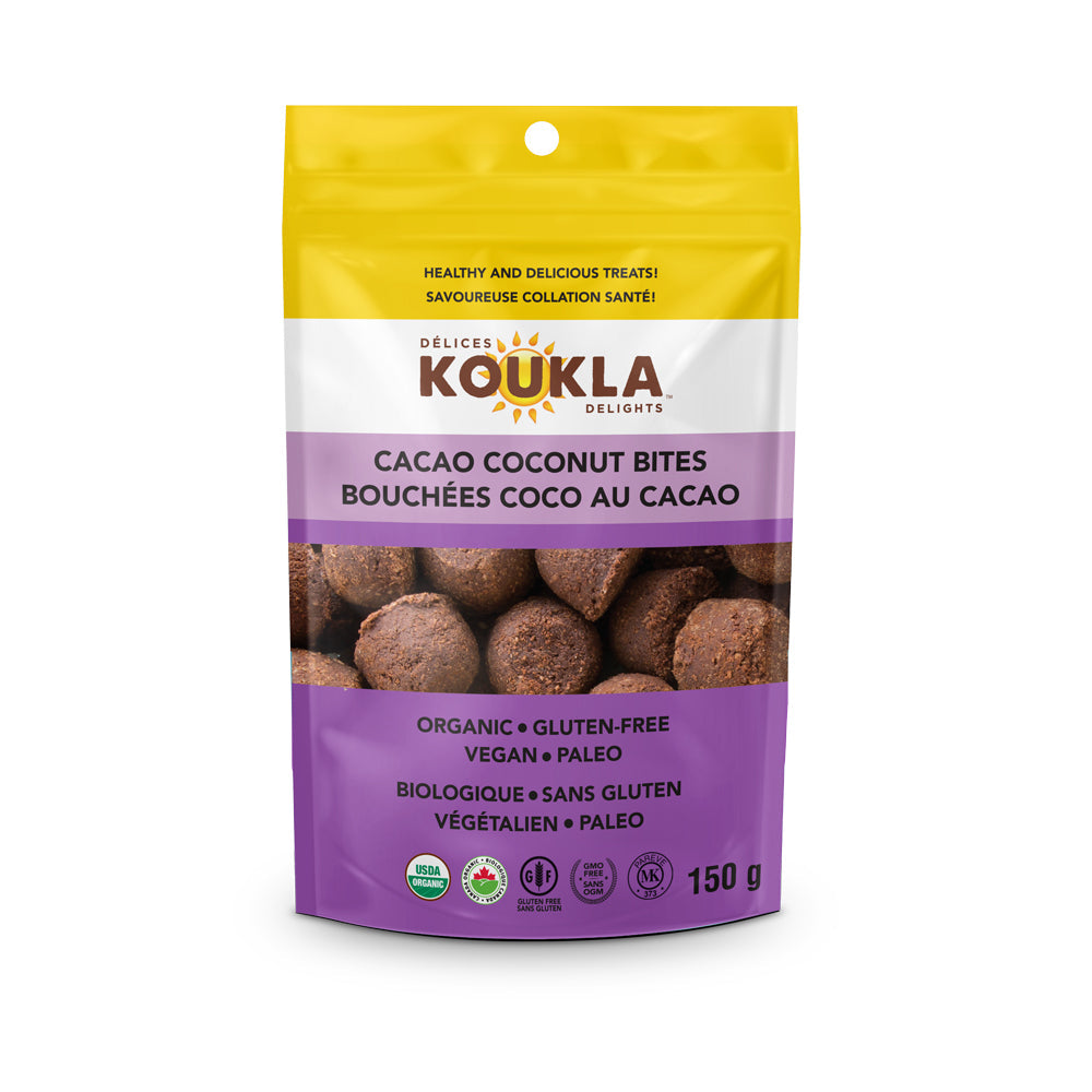 Bouchées cacao bio 150g
DATE DE PÉREMPTION : 26 FÉVRIER 2025