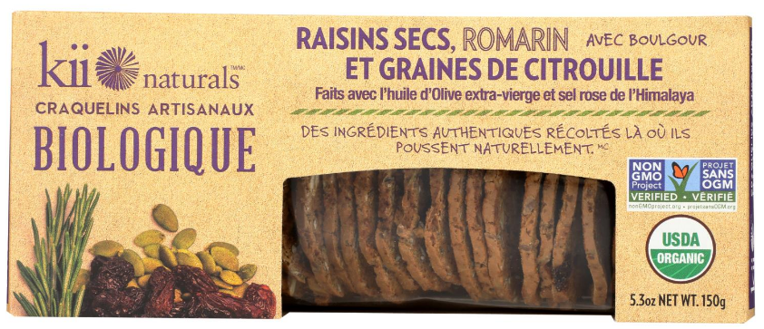 Craquelins raisins secs, romarin et graines de citrouille bio 150g
DATE DE PÉREMPTION : 13 DÉCEMBRE 2024