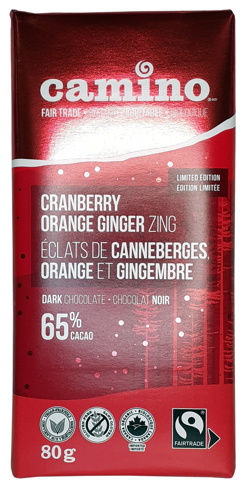 Chocolate chunks of cranberries, orange and organic ginger 80g