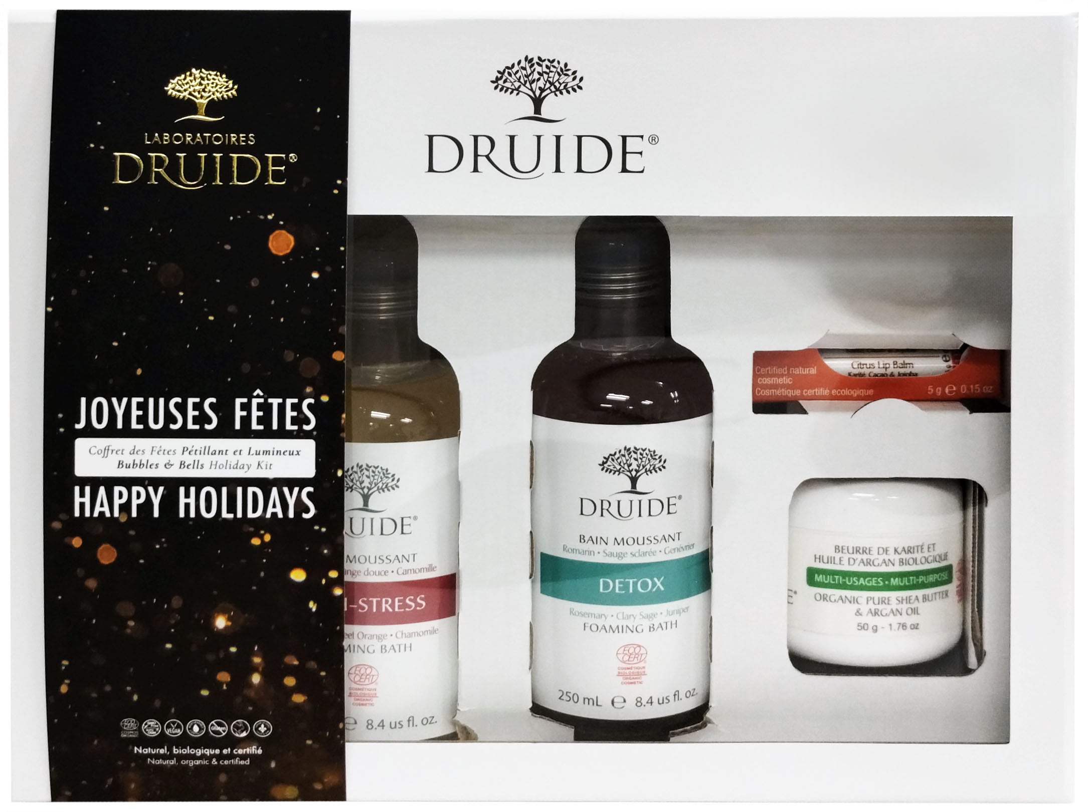 Coffret des fêtes pétillant et lumineux (bain moussant anti-stress 250ml, bain moussant détox 250ml, beurre de karité et huile argan bio 50g, baume karité , cacao et jojoa 5g) 1coffret