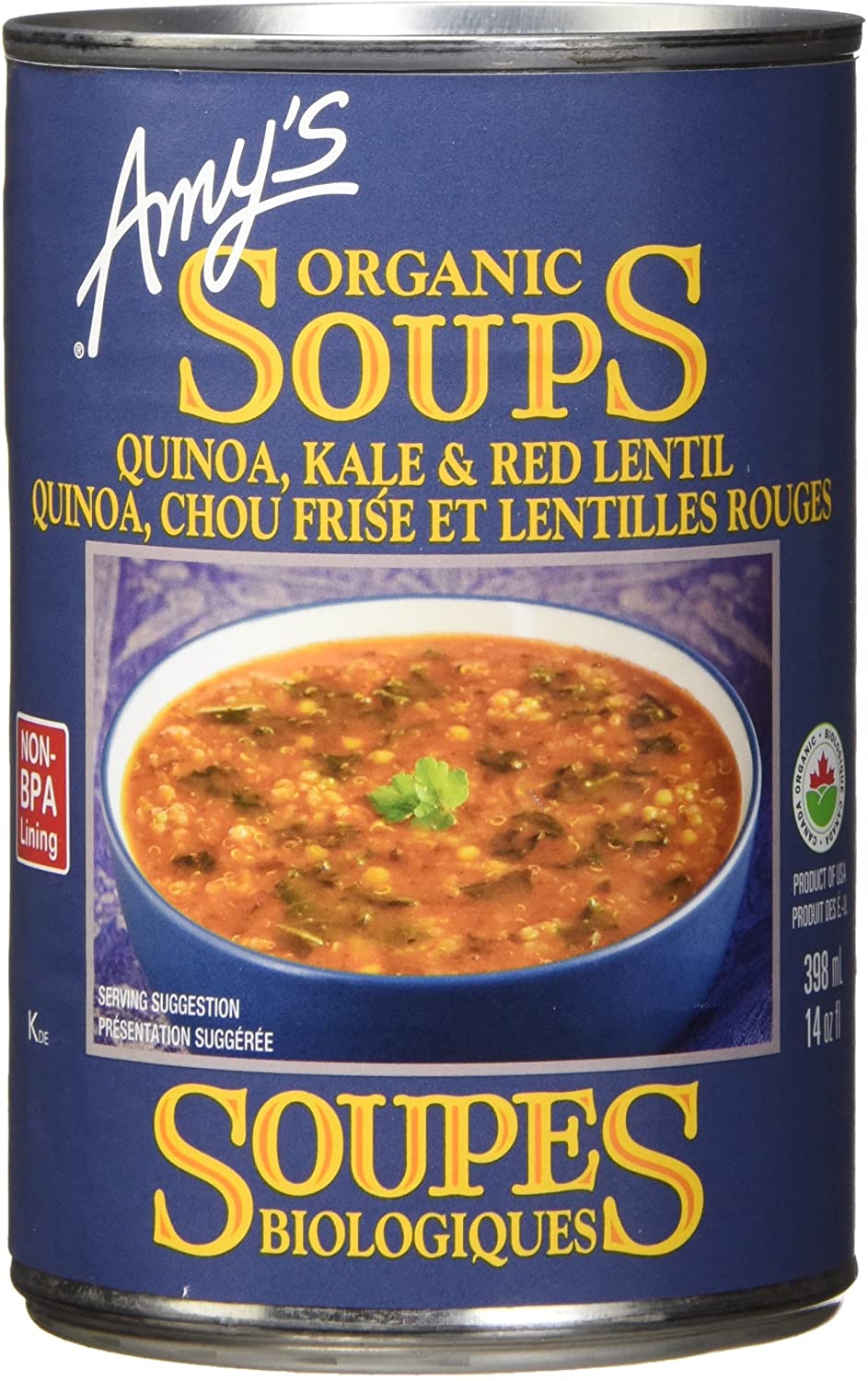 AMY'S Épicerie Soupe quinoa ,lentilles et choux frisé bio 398ml
DATE DE PÉREMPTION : 30 JUIN 2024