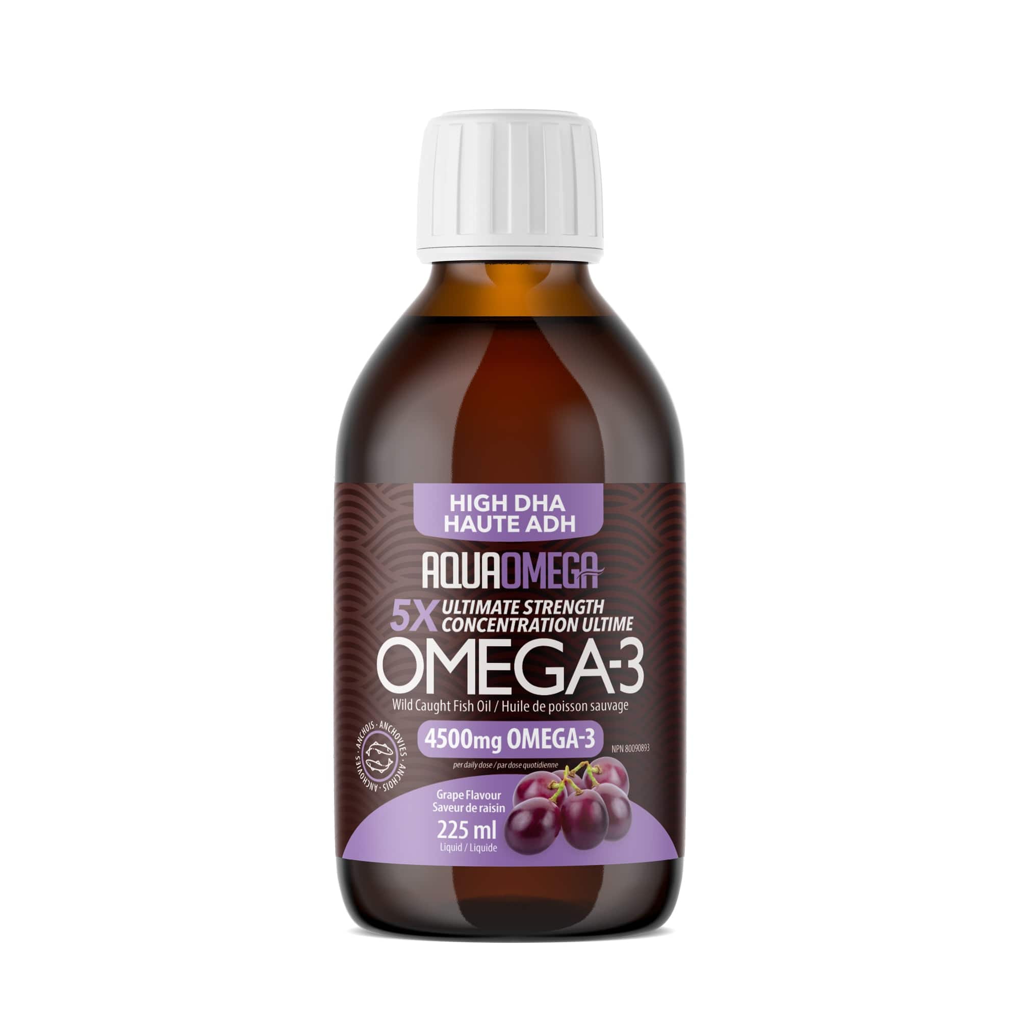 AQUA OMEGA Suppléments Omega-3 4500mg haute ADH  (raisin) 225ml