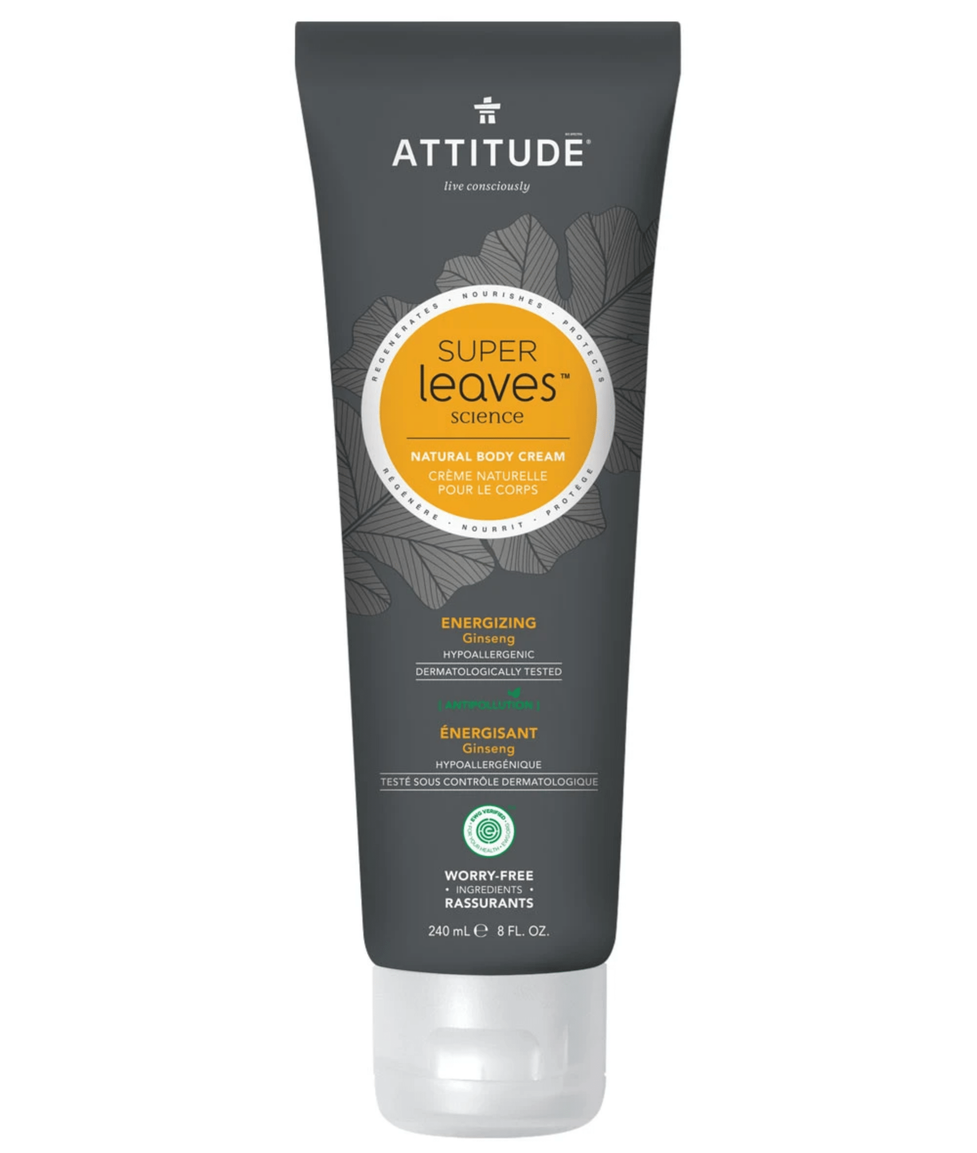 ATTITUDE Soins & beauté Crème corporelle naturelle énergisante au ginseng pour hommes 240ml