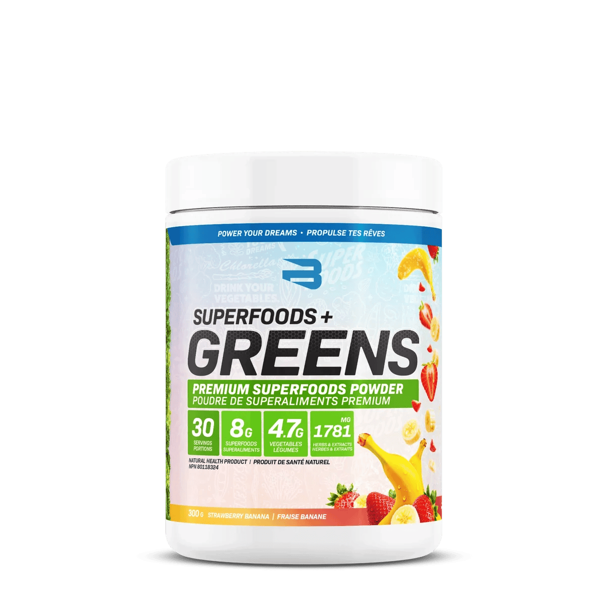 BELIEVE SUPPLEMENTS Suppléments Superfoods+greens (fraises/bananes) 300g
