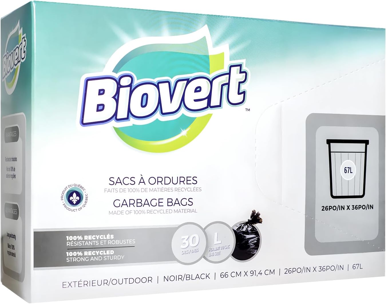 BIO-VERT Épicerie Sacs à ordure 26X36 pouces 67L 30un