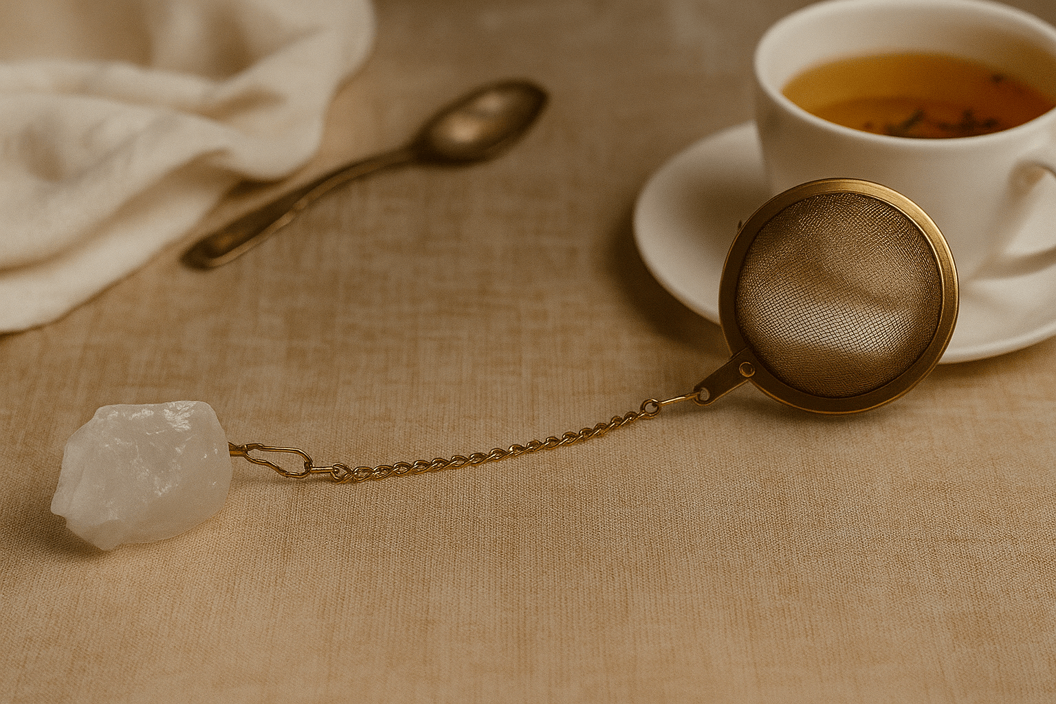 BOUTIQUE CADEAUX Boutique cadeaux Boule à thé ou tisane couleur or avec pierre précieuse quartz blanc (1un)