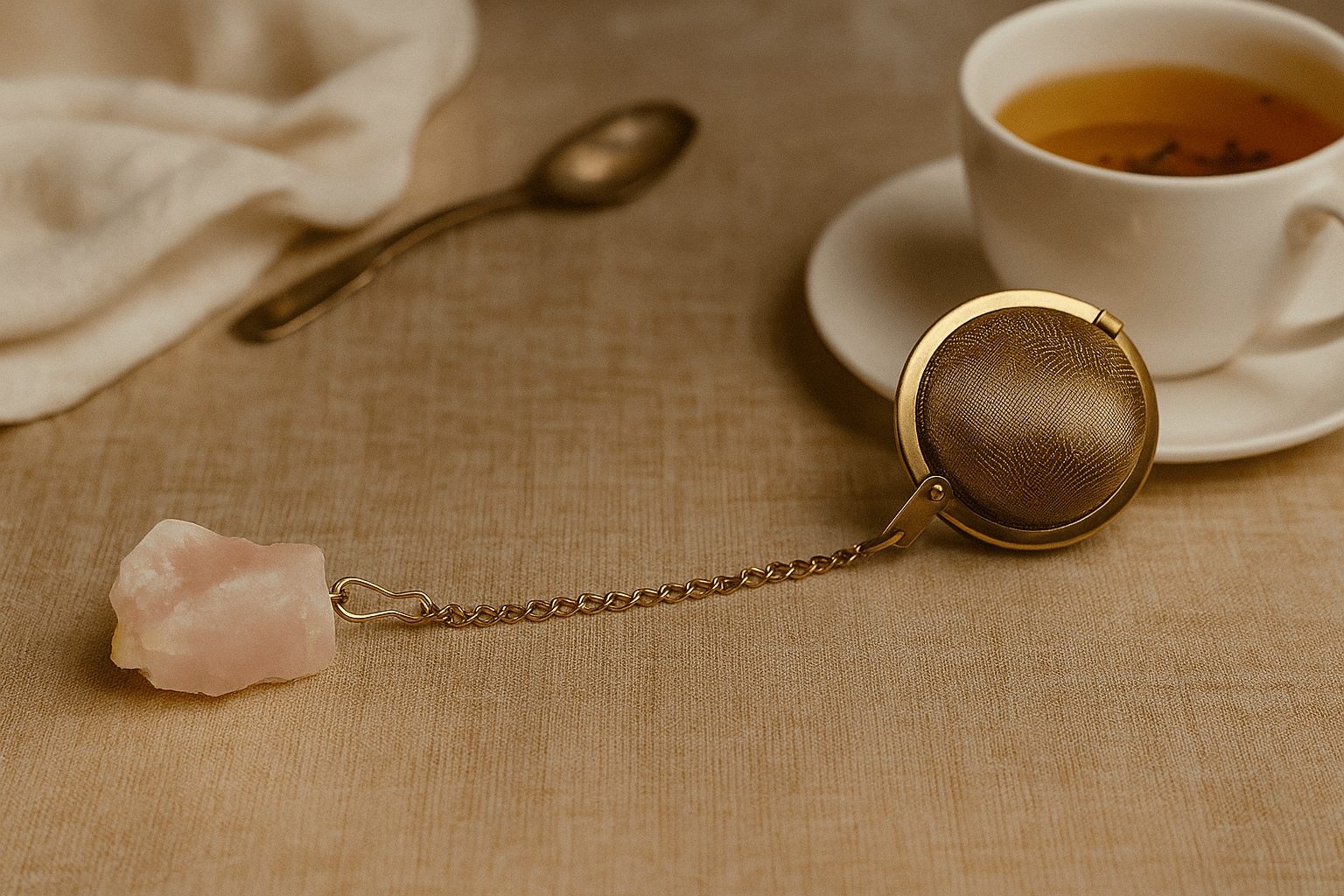 BOUTIQUE CADEAUX Boutique cadeaux Boule à thé ou tisane couleur or avec pierre précieuse quartz rose (1un)