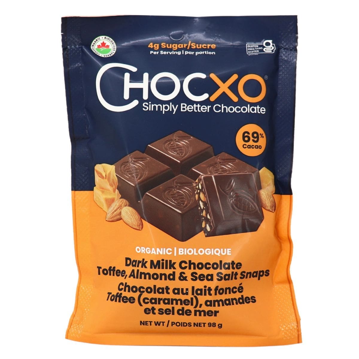 CHOCXO Épicerie Snaps au chocolat au lait foncé toffee (caramel), amandes et sel de mer bio 98g