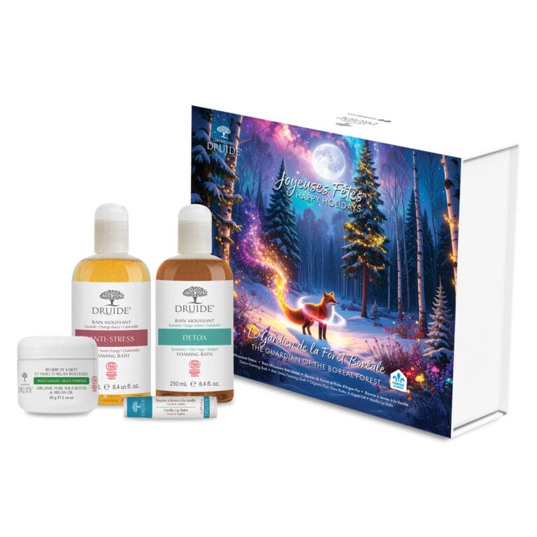 DRUIDE Soins & beauté Coffret le gardien de la forêt boréale ( Druide bain moussant anti-stress 250ml / Druide bain moussant detox 250ml / Druide beurre de karité et huile d'argan 50g / Druide baume à lèvres à la vanille 5g) 1coffret