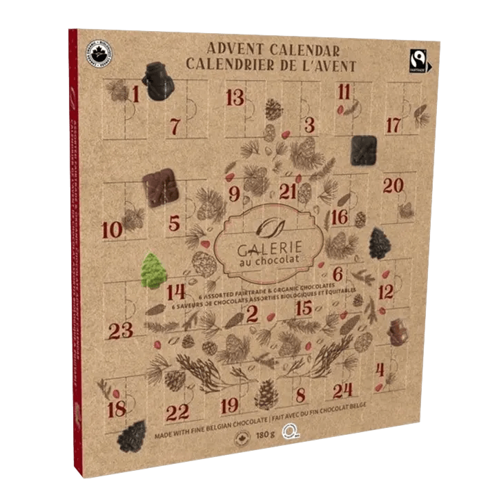 GALERIE AU CHOCOLAT Épicerie Calendrier de l'avent bio 24un ( nuit noire 72%, fleur de sel, espresso, sucre d'érable, riz croustillant, thé vert matcha)