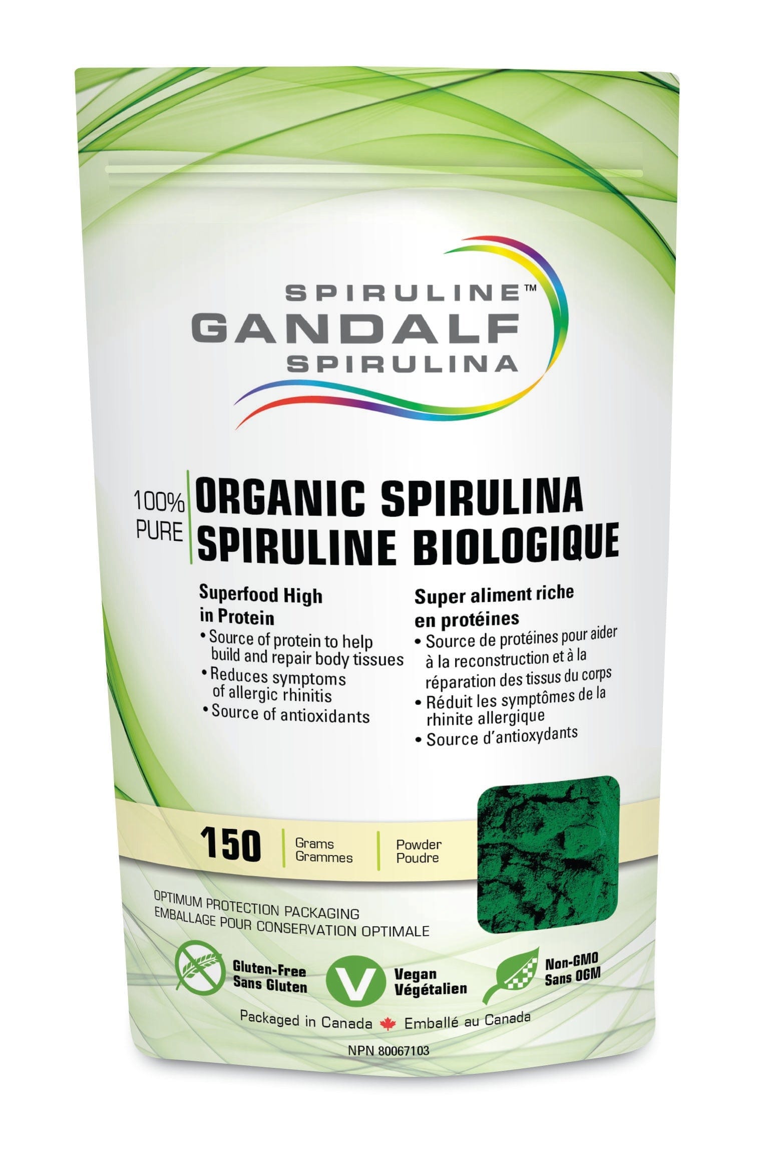 GANDALF Suppléments Spiruline bio sans-gluten / sans-OGM / végétalien 150g