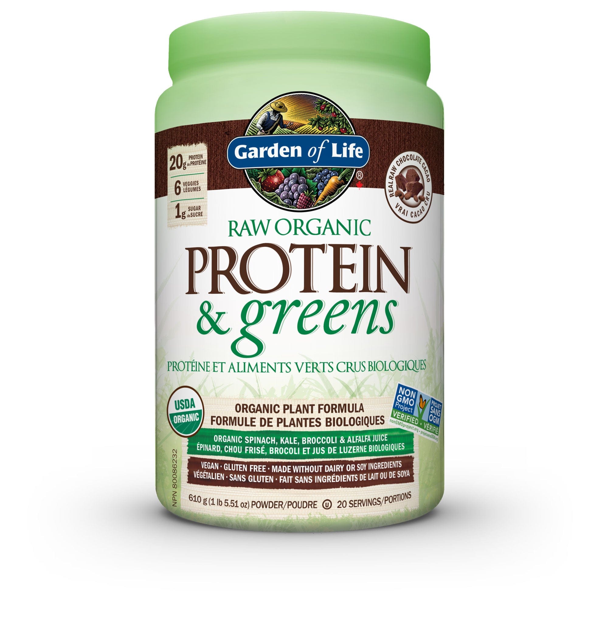 GARDEN OF LIFE Suppléments Protéines crues et verts chocolat bio 610g