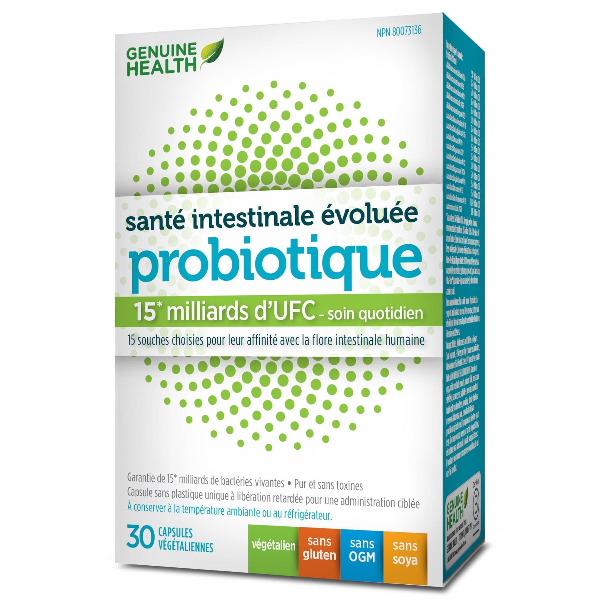 GENUINE HEALTH Suppléments Probiotiques (15 milliards d'UFC) 30caps