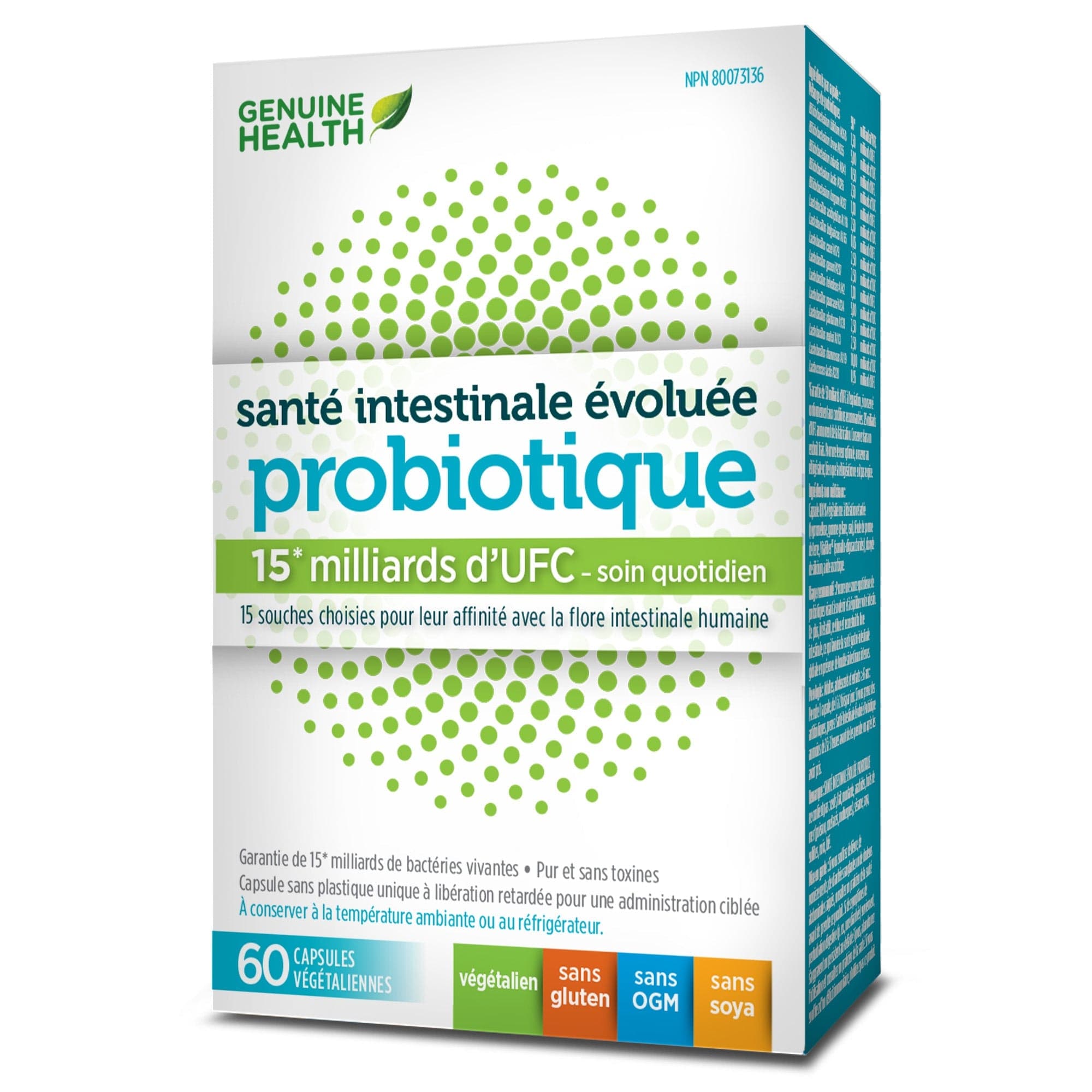 GENUINE HEALTH Suppléments Probiotiques (15 milliards d'UFC) 60caps