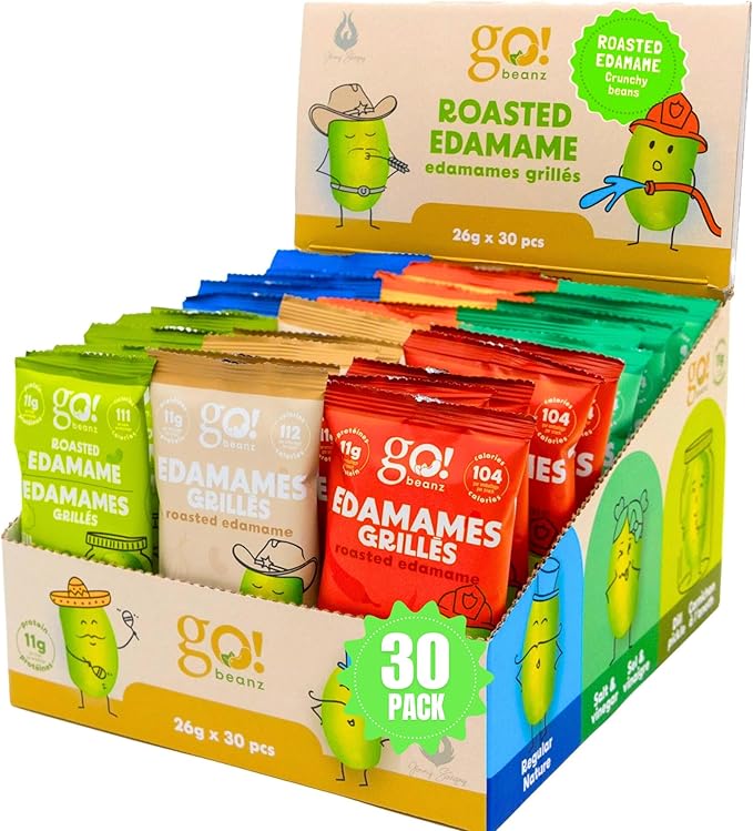 GO NUTRITION Épicerie Go Beanz - Edamames grillées Boîte mixte edamames grillées (nature/sel et vinaigre/cornichons/nachos/sriracha/ranch) 6x5un