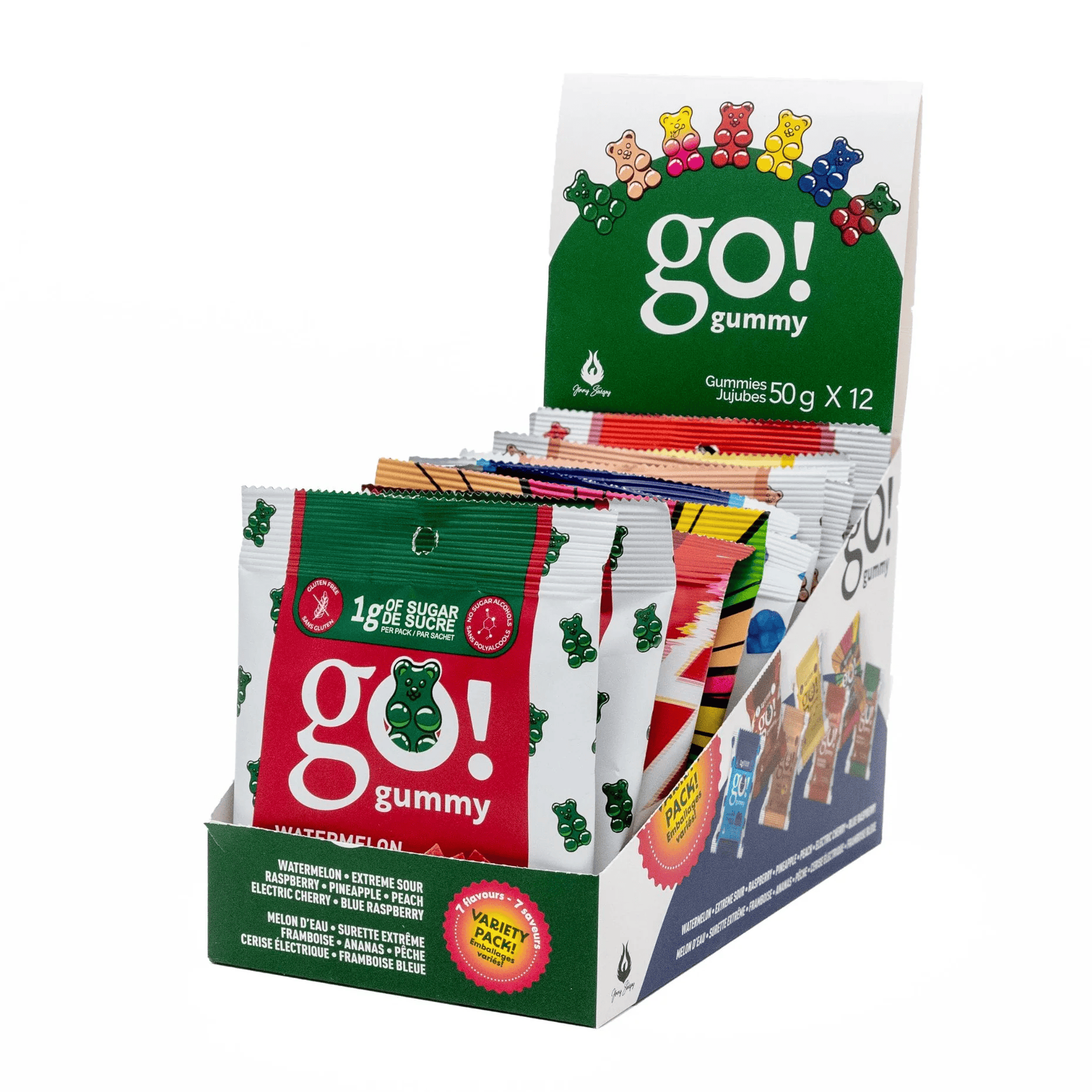 GO NUTRITION Épicerie Go Gummy - bonbons Boîtes mixtes bonbons (melon d'eau/framboise/cerise électrique/surette/ananas/pêche/framboise bleue) 12x50g