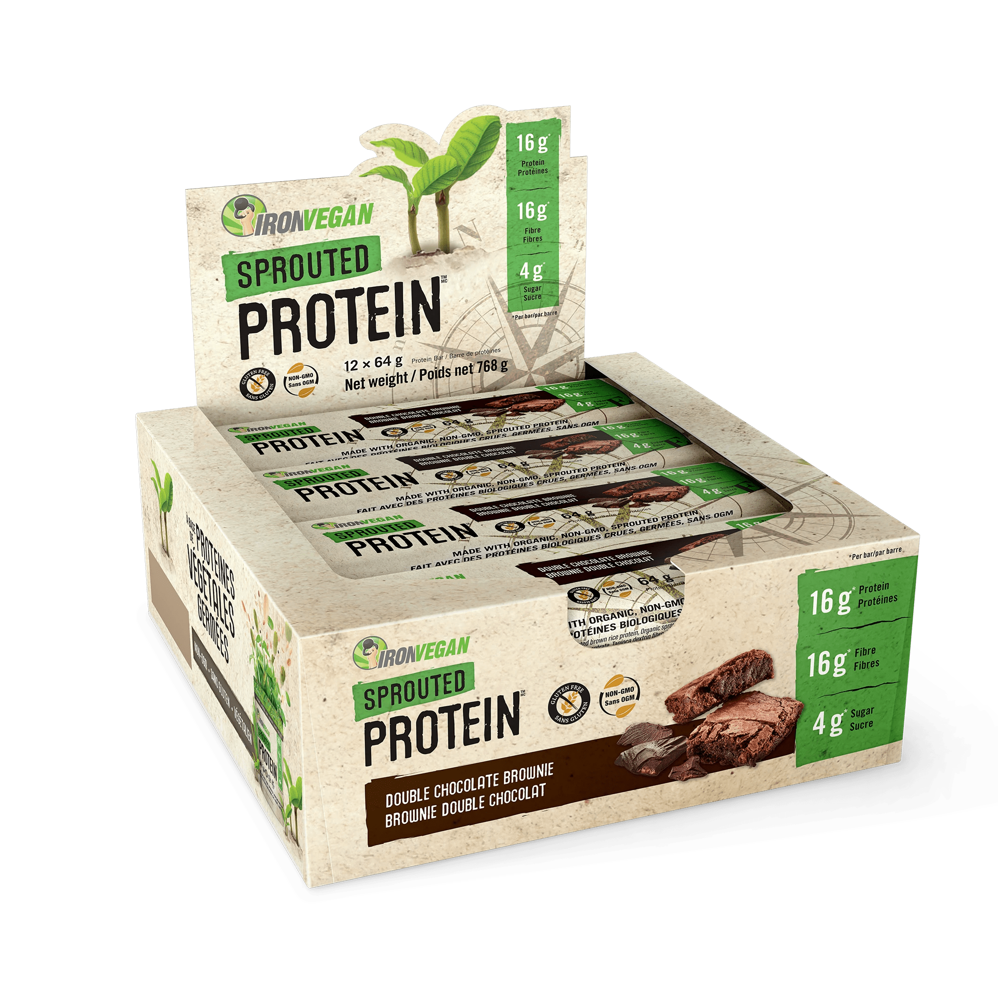 IRON VEGAN Suppléments Barres protéinées brownie chocolat double (germer) 12x64g