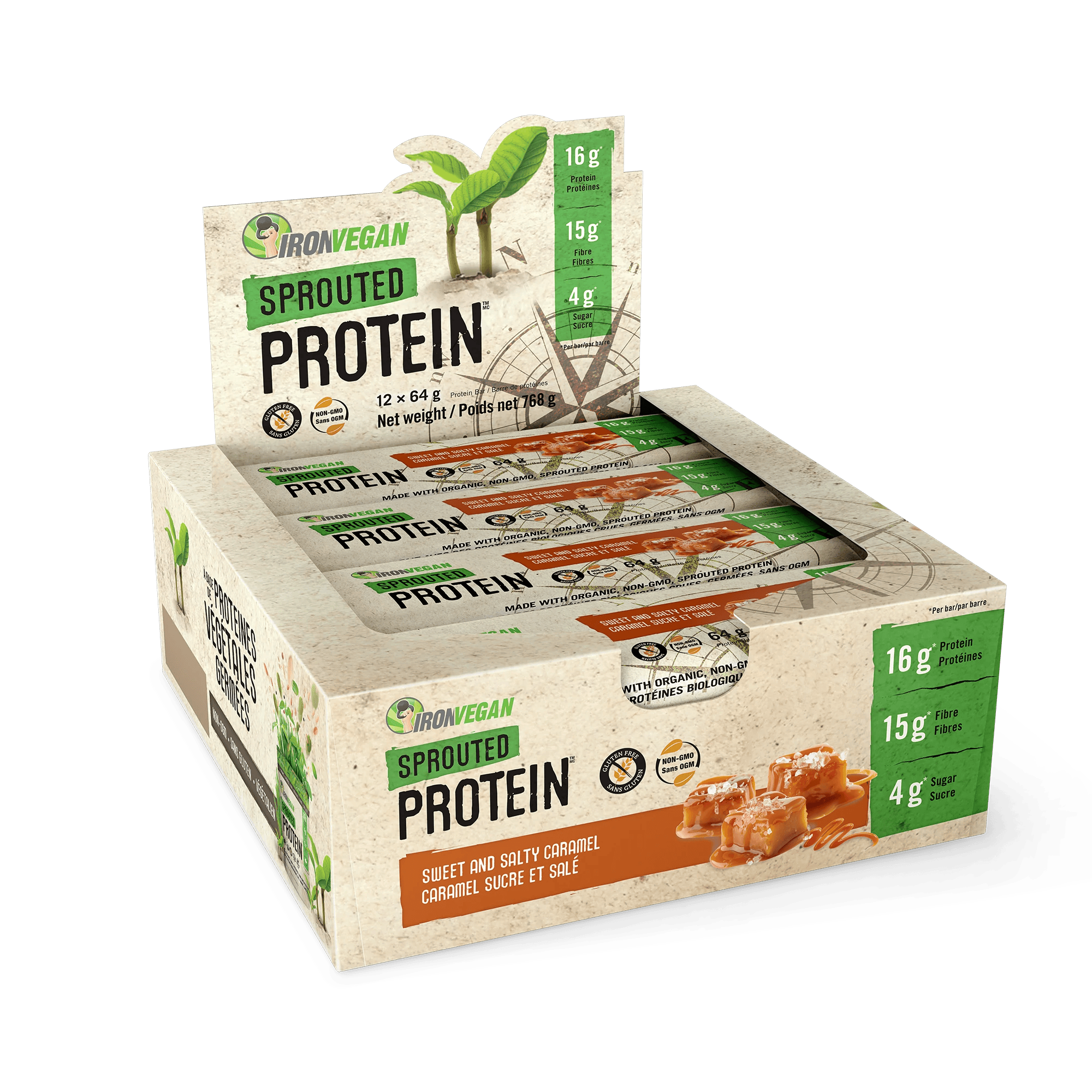 IRON VEGAN Suppléments Barres protéinées caramel sucré et salé  (germer) 12x64g