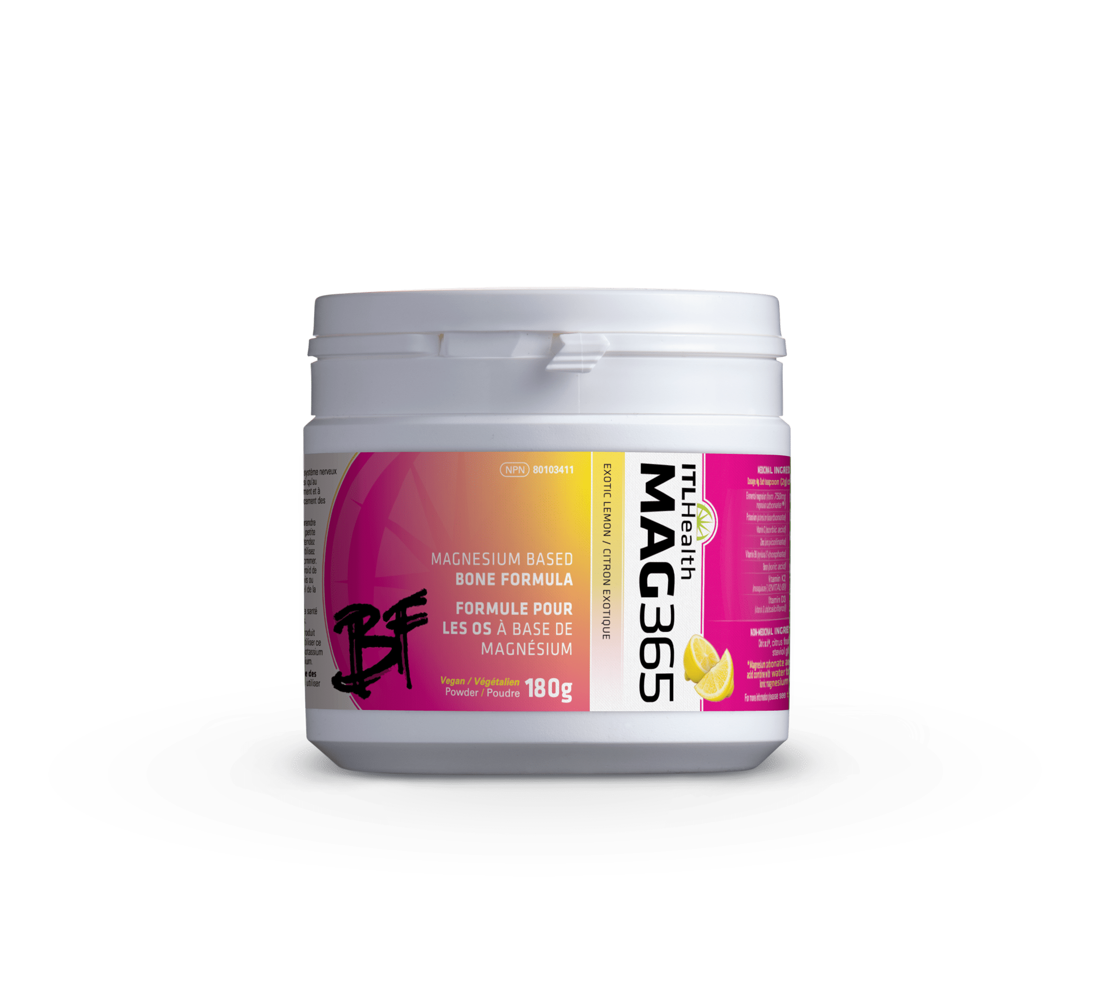 ITL HEALTH Suppléments Mag 365 Magnésium BF (citron exotique) 180g
DATE DE PÉREMPTION : 30 AVRIL 2026