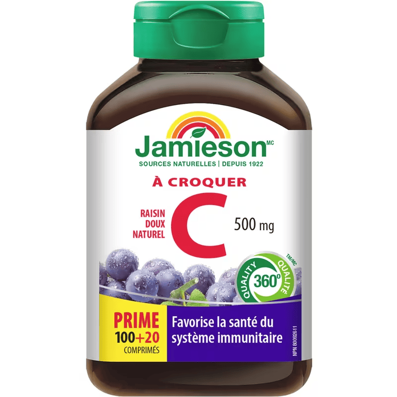 JAMIESON Suppléments Vitamine C croquable (500mg) (raisin) Bonus 100+20comp