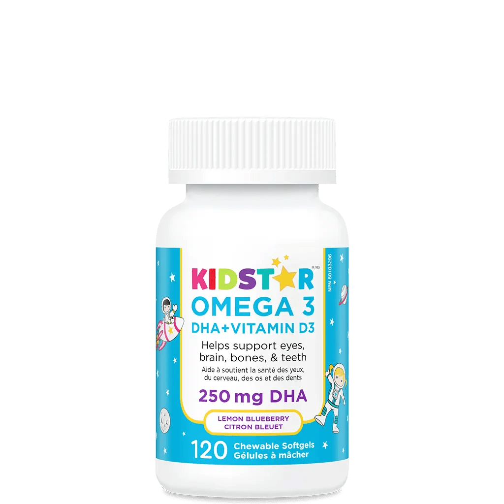 KIDSTAR NUTRIENTS Suppléments Omega 3 250mg DHA+ vitamine D3 (citron/bleuet)  120gels