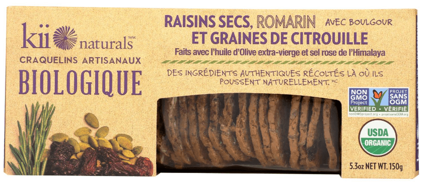 KII NATURALS Épicerie Craquelins raisins secs, romarin et graines de citrouille bio 150g