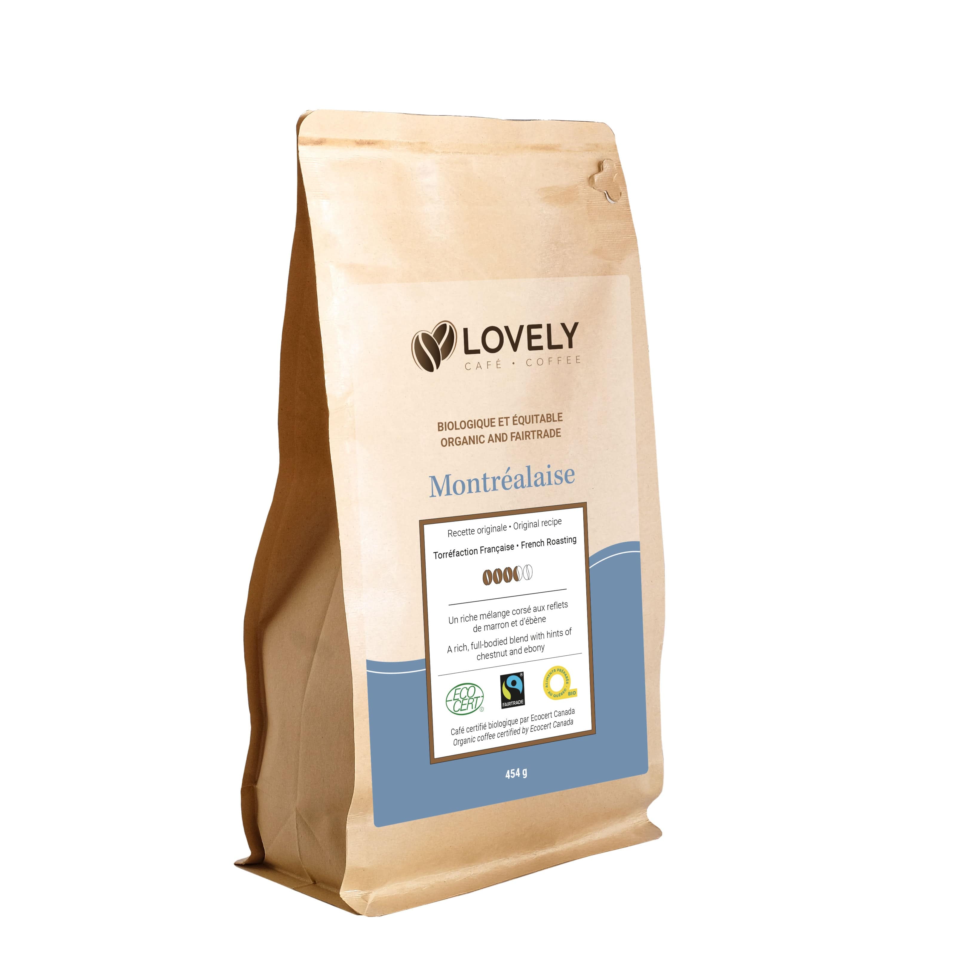 LOVELY CAFÉ Épicerie Café Montréalaise en grain bio 454g