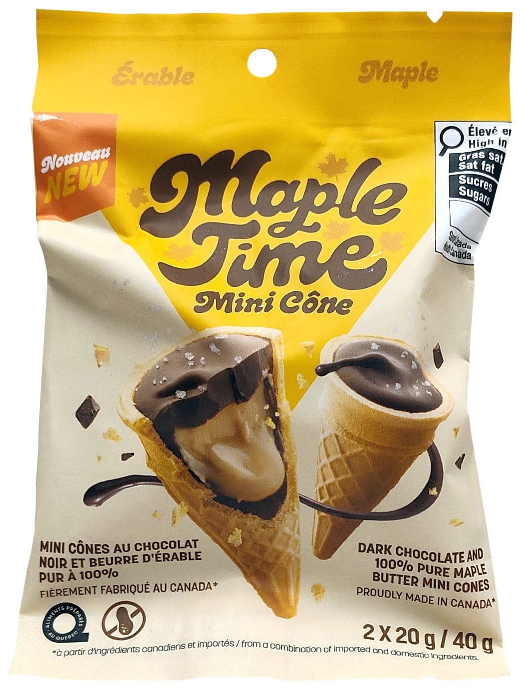 MAPLE TIME Épicerie Mini cônes au chocolat noir et beurre d'érable 100% pur 2x20g