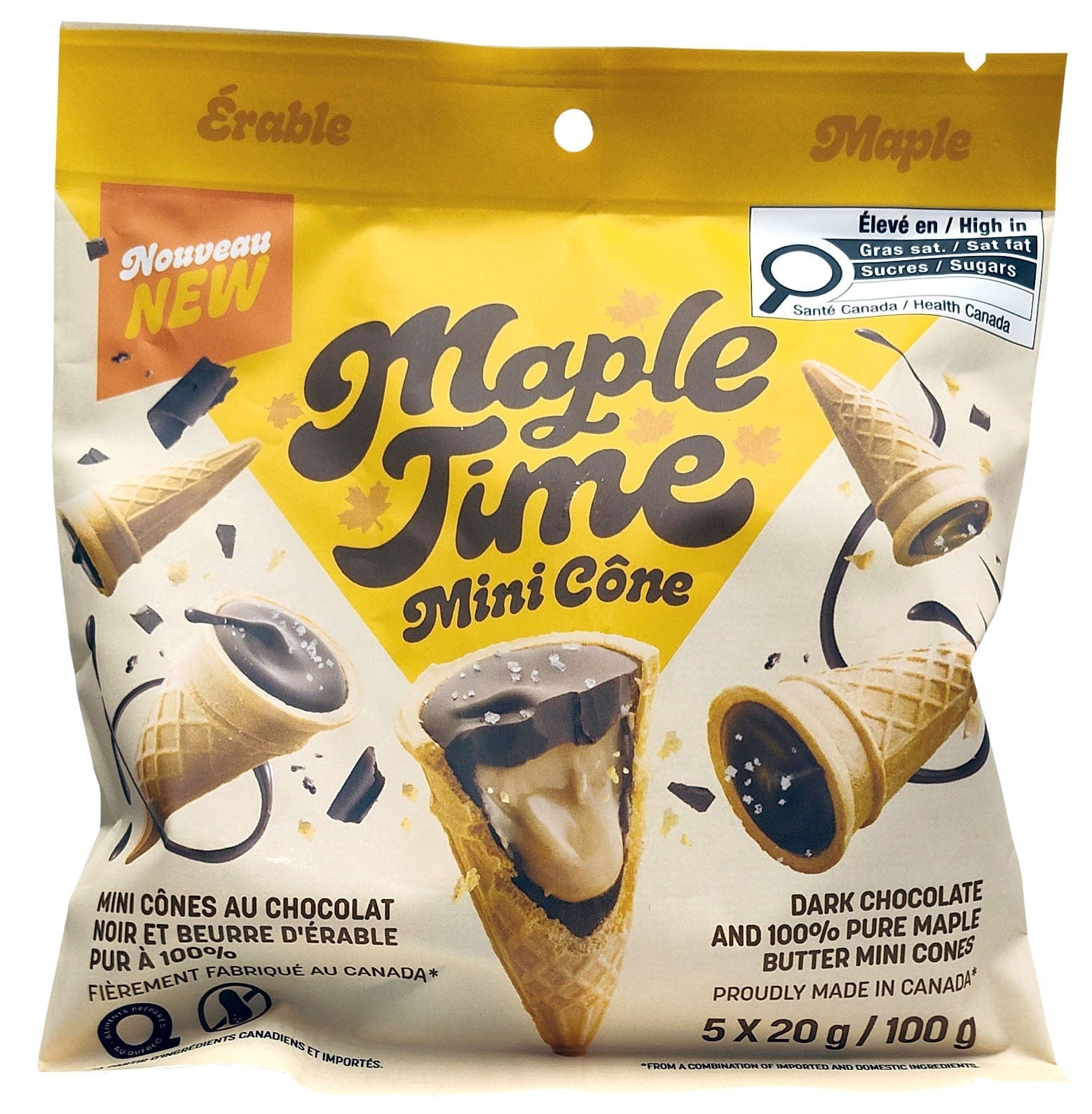 MAPLE TIME Épicerie Mini cônes au chocolat noir et beurre d'érable 100% pur 5x20g