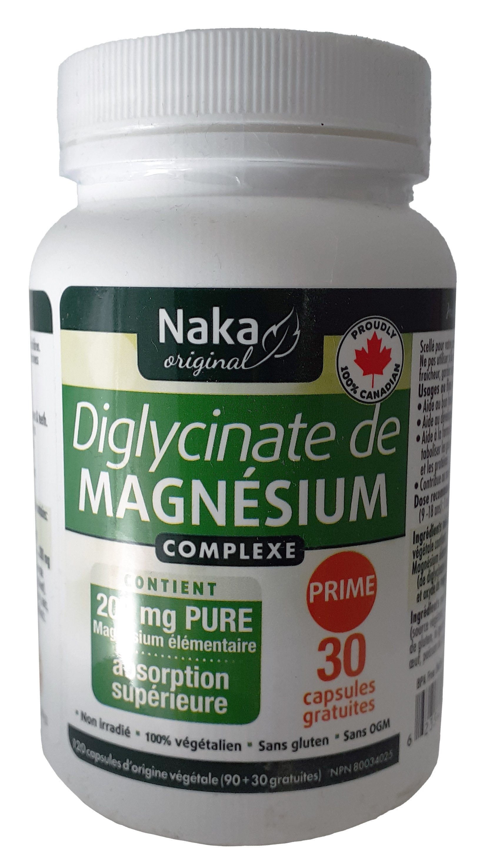 NAKA Suppléments Diglycinate de magnésium (200mg magnesium bisglycinate) Bonus 90+30vcaps