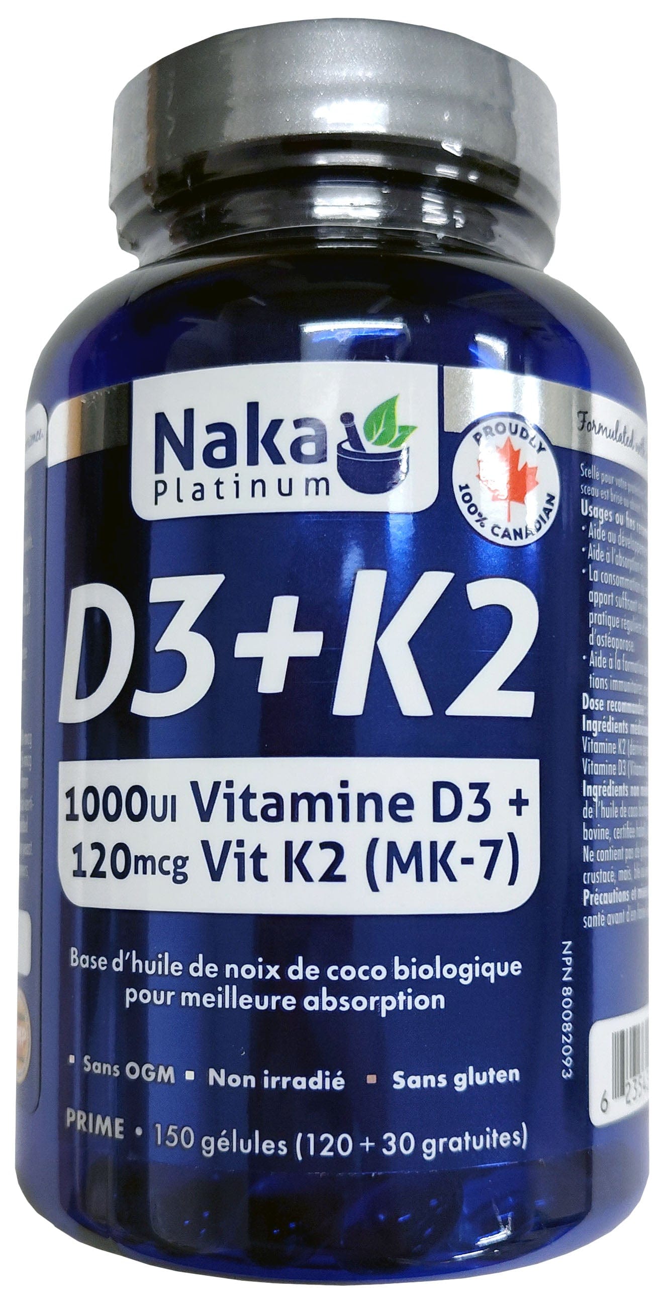 NAKA Suppléments Vitamine D3+K2 150gels