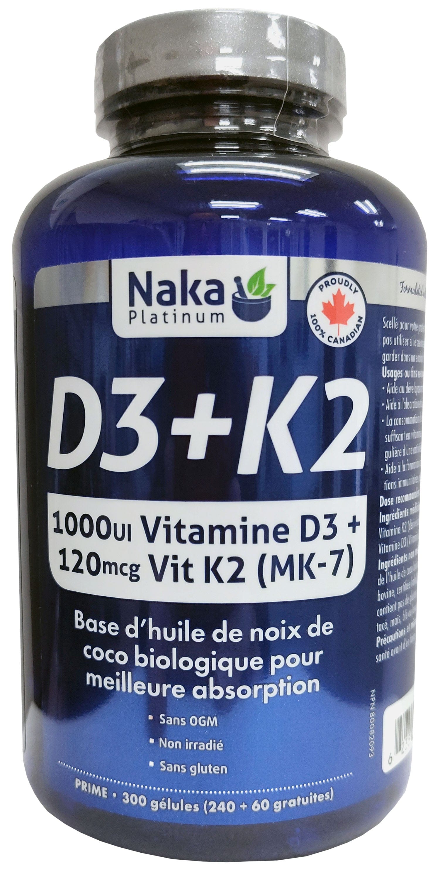 NAKA Suppléments Vitamine D3+K2 300gels