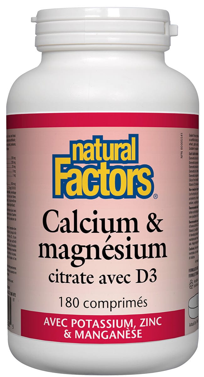 NATURAL FACTORS Suppléments Calcium et magnésium (citrate avec D3, potassium,zinc,manganèse) 180comp