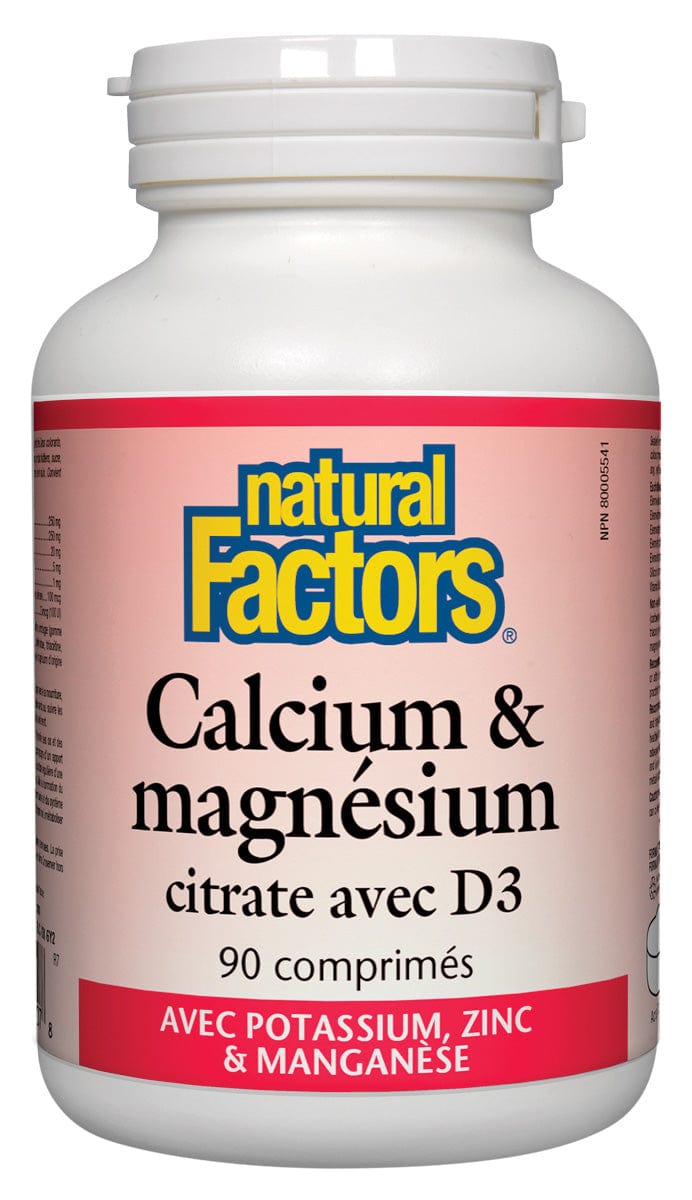 NATURAL FACTORS Suppléments Calcium et magnésium (citrate avec D3, potassium,zinc,manganèse) 90comp